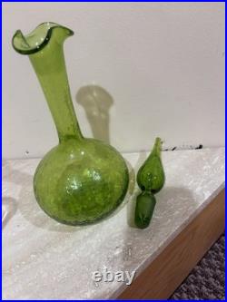 Vintage Green Crackle Glass Decanter Flame Stopper Ruffled Rim MCM 15
