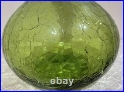 Vintage Green Crackle Glass Decanter Flame Stopper Ruffled Rim MCM 15