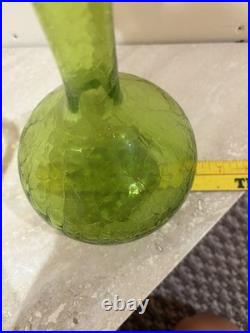 Vintage Green Crackle Glass Decanter Flame Stopper Ruffled Rim MCM 15