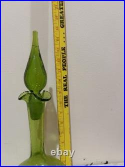 Vintage Green Crackle Glass Decanter Flame Stopper Ruffled Rim MCM 15