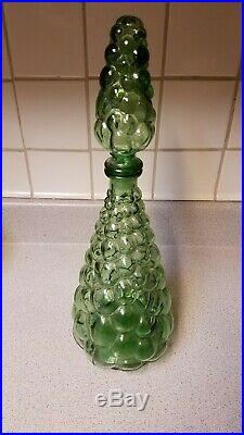 Vintage Green Empoli Bubble Glass Genie Bottle Decanter Stopper Italy Mid Cent