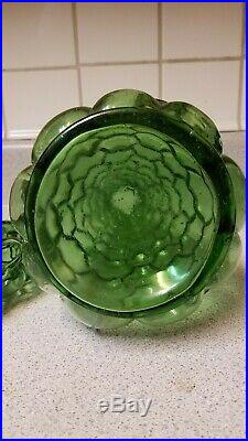 Vintage Green Empoli Bubble Glass Genie Bottle Decanter Stopper Italy Mid Cent