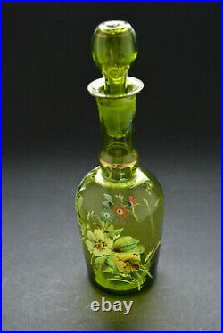 Vintage Green Glass Decanter Bottle with stopper hand blown, hand painted
