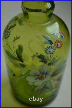Vintage Green Glass Decanter Bottle with stopper hand blown, hand painted