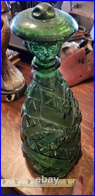 Vintage Green Glass Decanter Figural Face Stopper Made in Italy 12