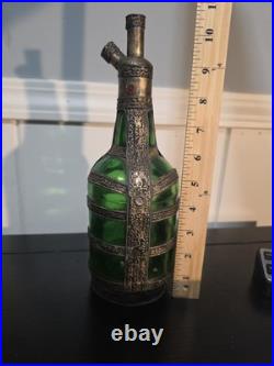 Vintage Green Glass Decanter Rose Water Handmade Ornate Metal Overlay