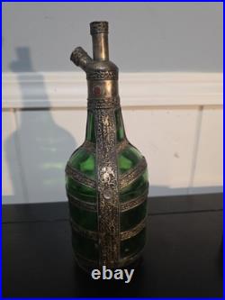 Vintage Green Glass Decanter Rose Water Handmade Ornate Metal Overlay