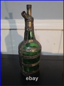 Vintage Green Glass Decanter Rose Water Handmade Ornate Metal Overlay