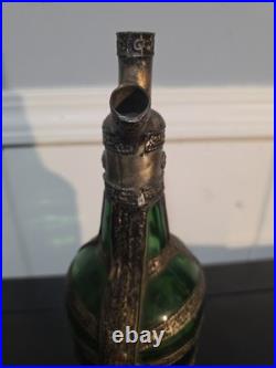 Vintage Green Glass Decanter Rose Water Handmade Ornate Metal Overlay