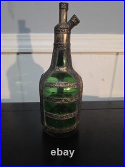 Vintage Green Glass Decanter Rose Water Handmade Ornate Metal Overlay
