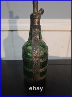 Vintage Green Glass Decanter Rose Water Handmade Ornate Metal Overlay