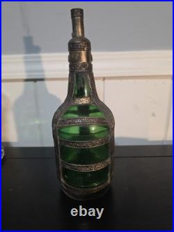 Vintage Green Glass Decanter Rose Water Handmade Ornate Metal Overlay