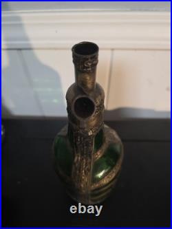 Vintage Green Glass Decanter Rose Water Handmade Ornate Metal Overlay