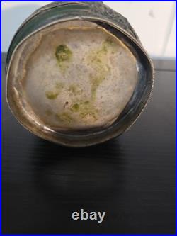 Vintage Green Glass Decanter Rose Water Handmade Ornate Metal Overlay