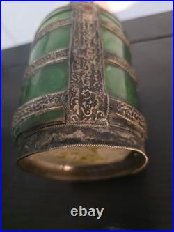 Vintage Green Glass Decanter Rose Water Handmade Ornate Metal Overlay