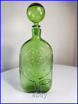 Vintage Green Glass Decanter With Flower Power By Empoli Stelvia