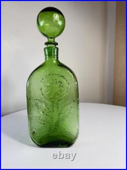 Vintage Green Glass Decanter With Flower Power By Empoli Stelvia