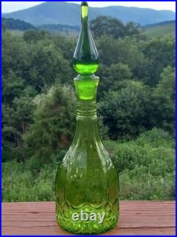 Vintage Green Glass Hand Mold Blown Decanter Pontil Stopper Blenko Type 13.75
