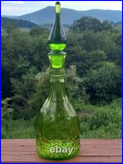Vintage Green Glass Hand Mold Blown Decanter Pontil Stopper Blenko Type 13.75