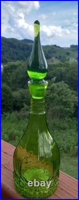 Vintage Green Glass Hand Mold Blown Decanter Pontil Stopper Blenko Type 13.75