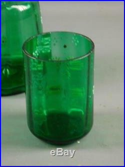 Vintage Green Glass hand painted Enamel Water Carafe Tumbler Lid Bedside Jug