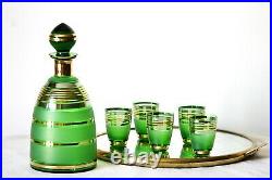 Vintage Green Liquor Decanter Set Antique Glassware Striped Drinking Glasses