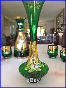 Vintage Green Venetian Art Glass Handpainted 22K gold old overlay decanter wine