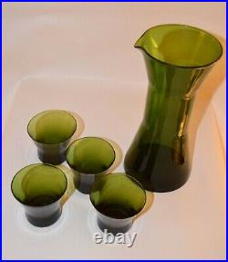 Vintage Green Water/Wine Carafe & 4 Shot Glasses Mid Century Glass Decanter 1960