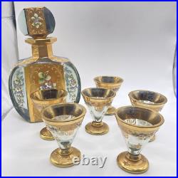 Vintage Grey Glass And gold decanter with 6 Shot glasses Hand Painted Glam Ornate