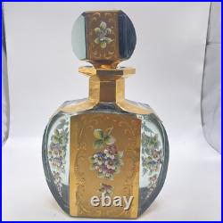 Vintage Grey Glass And gold decanter with 6 Shot glasses Hand Painted Glam Ornate