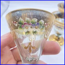 Vintage Grey Glass And gold decanter with 6 Shot glasses Hand Painted Glam Ornate