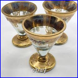 Vintage Grey Glass And gold decanter with 6 Shot glasses Hand Painted Glam Ornate