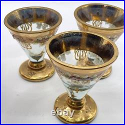 Vintage Grey Glass And gold decanter with 6 Shot glasses Hand Painted Glam Ornate