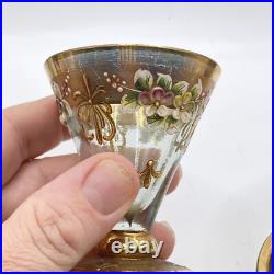 Vintage Grey Glass And gold decanter with 6 Shot glasses Hand Painted Glam Ornate