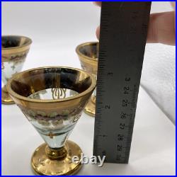 Vintage Grey Glass And gold decanter with 6 Shot glasses Hand Painted Glam Ornate