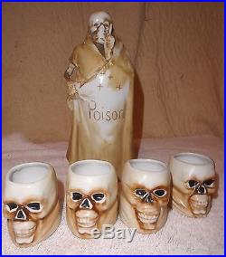 Vintage Grim Reaper Skeleton Poison Bottle Decanter w 4 Skull Shot Glasses Mugs