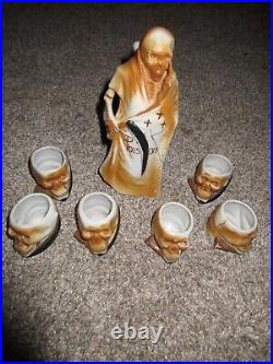 Vintage Grim Reaper Skeleton Poison Decanter & 6 Skull Glasses Made in Japan