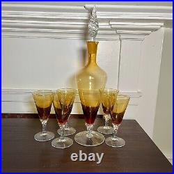 Vintage Hand Blown Amber Glass Decanter Set With 5 Matching Glasses, Stopper