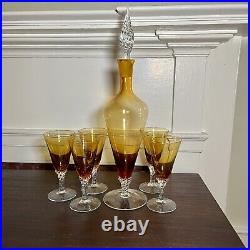 Vintage Hand Blown Amber Glass Decanter Set With 5 Matching Glasses, Stopper