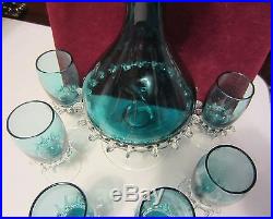 Vintage Hand Blown Aqua Blue Decanter Set Unique Glass Accents Gorgeous