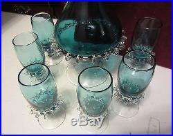 Vintage Hand Blown Aqua Blue Decanter Set Unique Glass Accents Gorgeous
