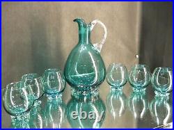 Vintage Hand Blown Art Glass Aqua Blue Decanter Set Unique