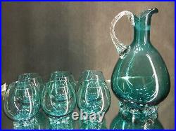 Vintage Hand Blown Art Glass Aqua Blue Decanter Set Unique