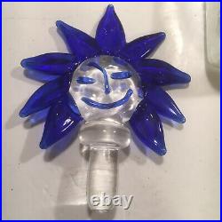 Vintage Hand Blown Art Glass Decanter With Blue Sun Face Stopper