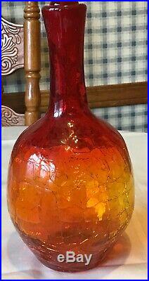 Vintage Hand Blown Blenko 16 Amberina Crackle Glass Decanter Orange Red Yellow