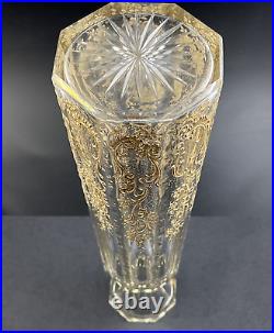 Vintage Hand Blown Cut Glass & Gold Enamel 12 1/8 Water Bottle Carafe Decanter