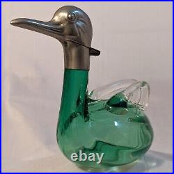 Vintage Hand Blown Czech Glass 5.75 Green Duck Decanter Brass Metal Head