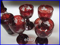 Vintage Hand Blown Etched Cranberry Glass Decanter Set Cognac Grappa
