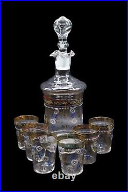 Vintage Hand Blown Glass Hand Painted Decanter & Stopper with Six Glasses