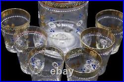 Vintage Hand Blown Glass Hand Painted Decanter & Stopper with Six Glasses